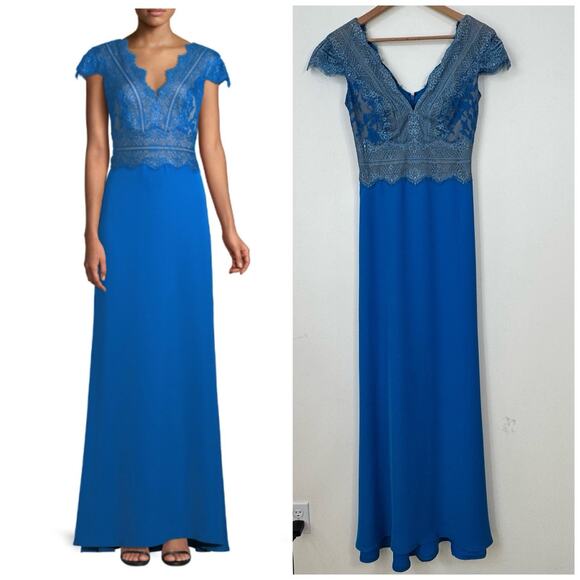Tadashi Shoji Nolan Lace Bodice Gown Size 2 Azure Blue Lined Scalloped Neckline
